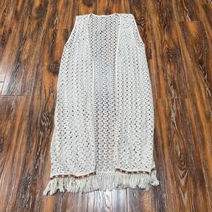 Miley and Molly Cream Crochet Duster Vest Fringe Embroidered Trim Boho Longline